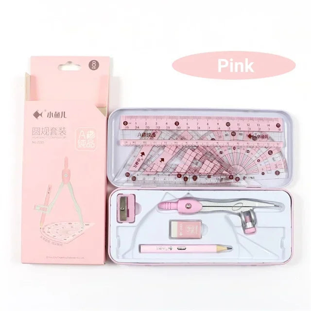 8Pcs/set Pencil Rubber Pencil Sharpener Ruler Set Student Stationery Geometric Mathematics Drawing Tools School Supplies