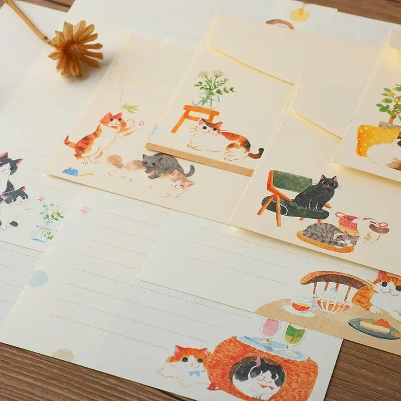 9pcs/set Cartoon Cats Envelopes with Letter Pads Cute Letter Writing Paper Wedding Invitation Cards Postcards Cover Stationery