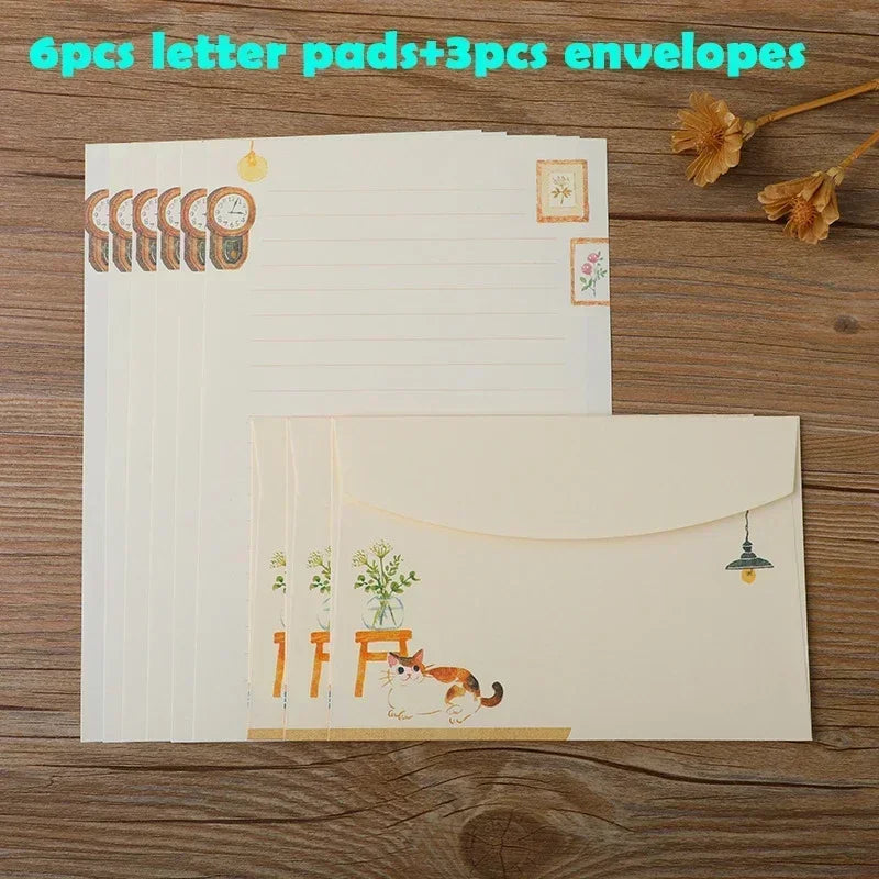 9pcs/set Cartoon Cats Envelopes with Letter Pads Cute Letter Writing Paper Wedding Invitation Cards Postcards Cover Stationery