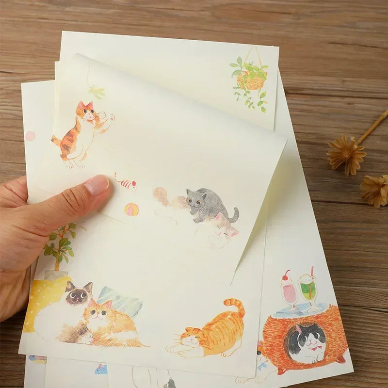 9pcs/set Cartoon Cats Envelopes with Letter Pads Cute Letter Writing Paper Wedding Invitation Cards Postcards Cover Stationery