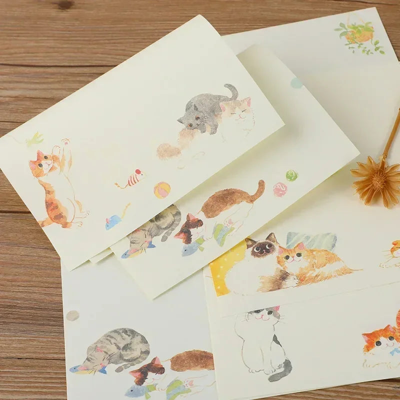 9pcs/set Cartoon Cats Envelopes with Letter Pads Cute Letter Writing Paper Wedding Invitation Cards Postcards Cover Stationery