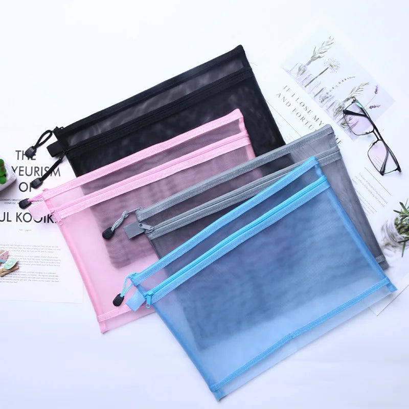 A4 A5 A6 Portable Double-layer Mesh Zipper File Bag Transparent  Student Test Paper Data Storage Bag Office Files Stationery