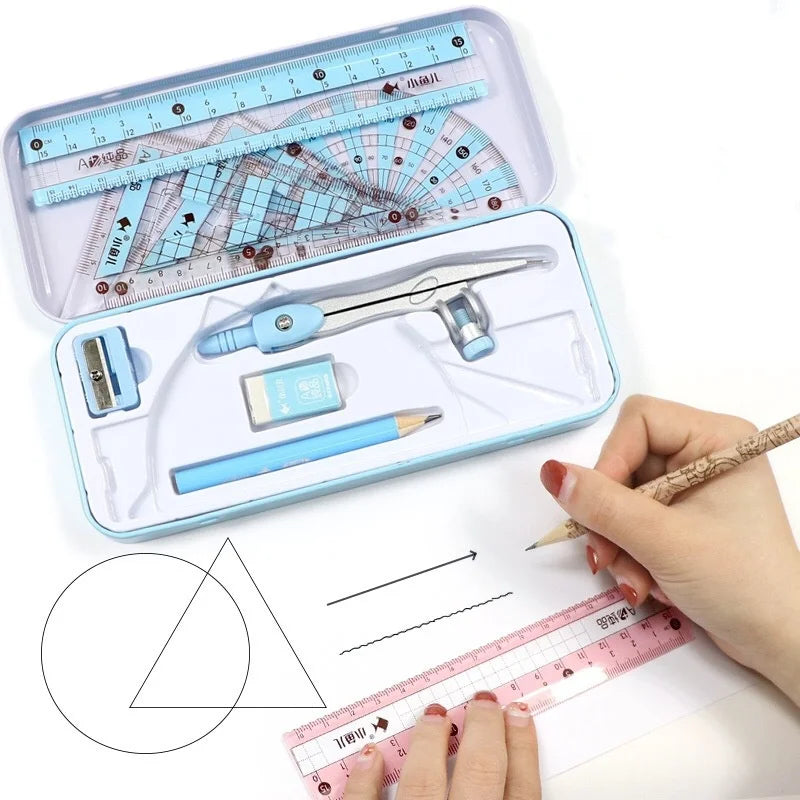 8Pcs/set Pencil Rubber Pencil Sharpener Ruler Set Student Stationery Geometric Mathematics Drawing Tools School Supplies