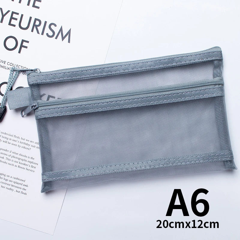 A4 A5 A6 Portable Double-layer Mesh Zipper File Bag Transparent  Student Test Paper Data Storage Bag Office Files Stationery