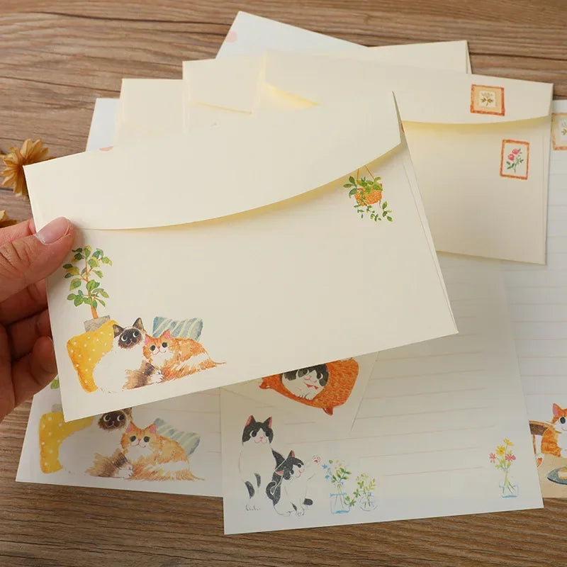 9pcs/set Cartoon Cats Envelopes with Letter Pads Cute Letter Writing Paper Wedding Invitation Cards Postcards Cover Stationery
