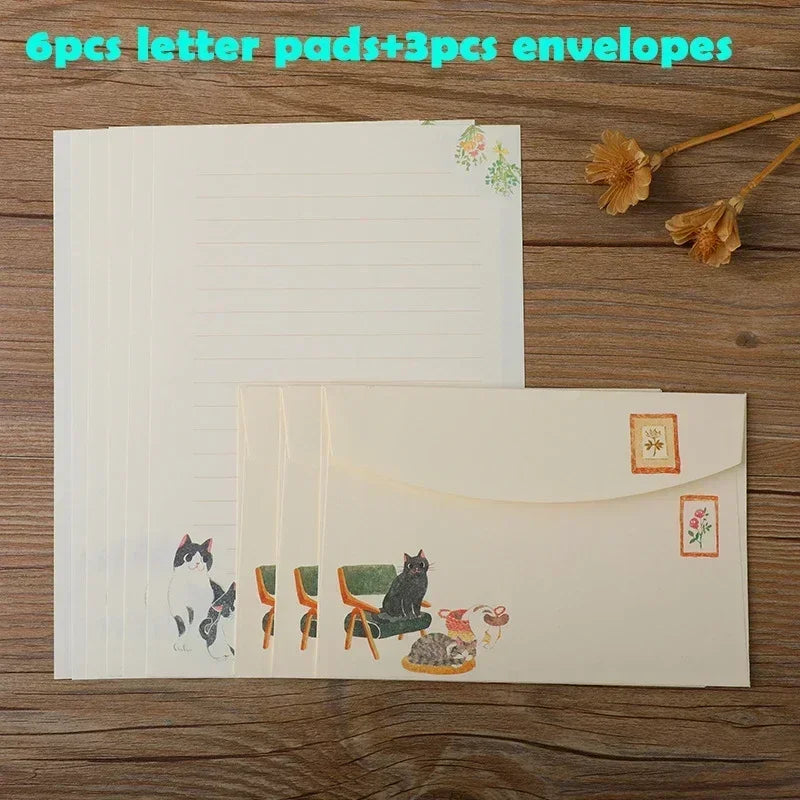 9pcs/set Cartoon Cats Envelopes with Letter Pads Cute Letter Writing Paper Wedding Invitation Cards Postcards Cover Stationery