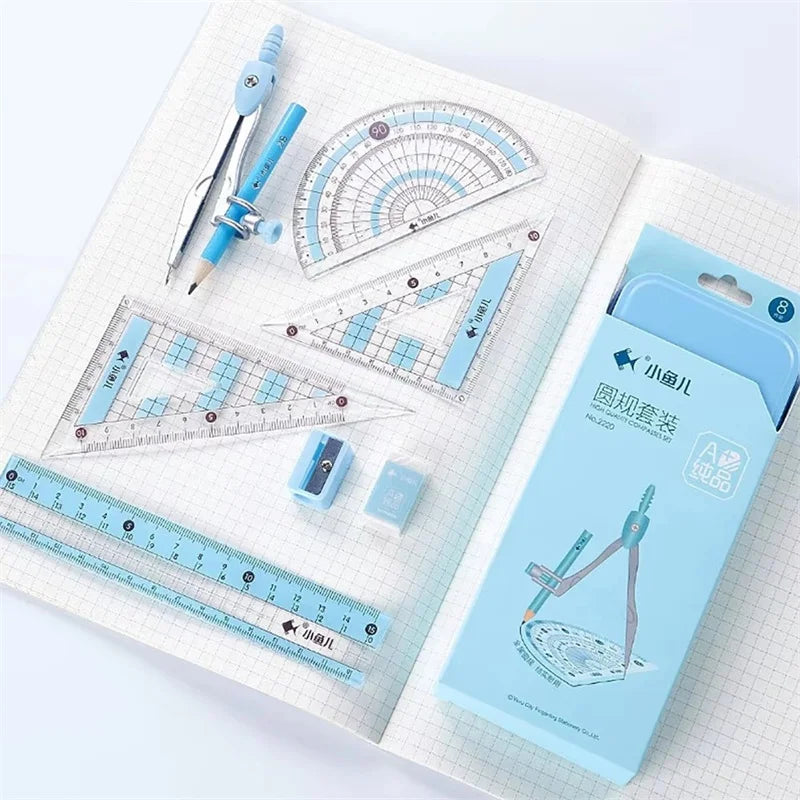 8Pcs/set Pencil Rubber Pencil Sharpener Ruler Set Student Stationery Geometric Mathematics Drawing Tools School Supplies