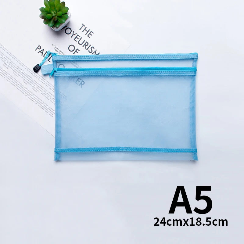 A4 A5 A6 Portable Double-layer Mesh Zipper File Bag Transparent  Student Test Paper Data Storage Bag Office Files Stationery