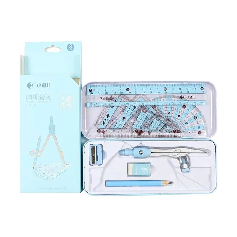 8Pcs/set Pencil Rubber Pencil Sharpener Ruler Set Student Stationery Geometric Mathematics Drawing Tools School Supplies