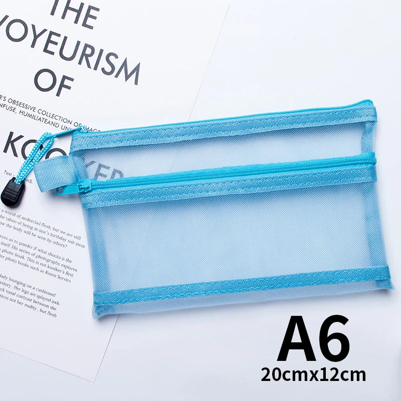 A4 A5 A6 Portable Double-layer Mesh Zipper File Bag Transparent  Student Test Paper Data Storage Bag Office Files Stationery