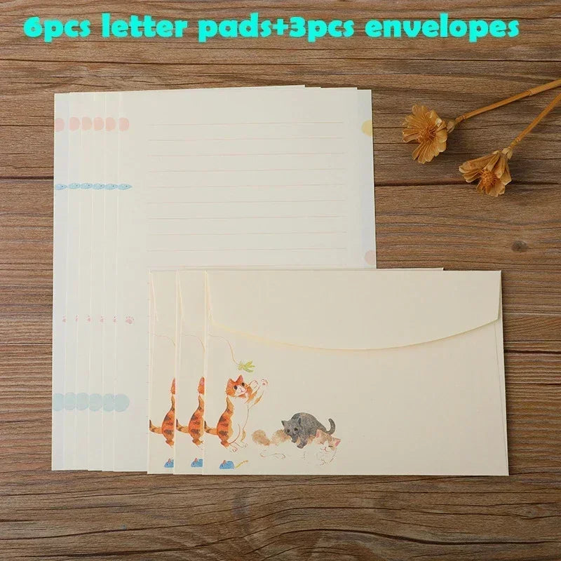 9pcs/set Cartoon Cats Envelopes with Letter Pads Cute Letter Writing Paper Wedding Invitation Cards Postcards Cover Stationery