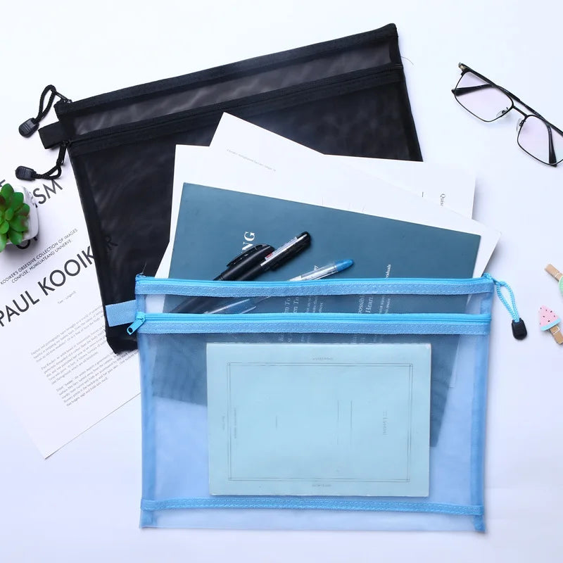 A4 A5 A6 Portable Double-layer Mesh Zipper File Bag Transparent  Student Test Paper Data Storage Bag Office Files Stationery