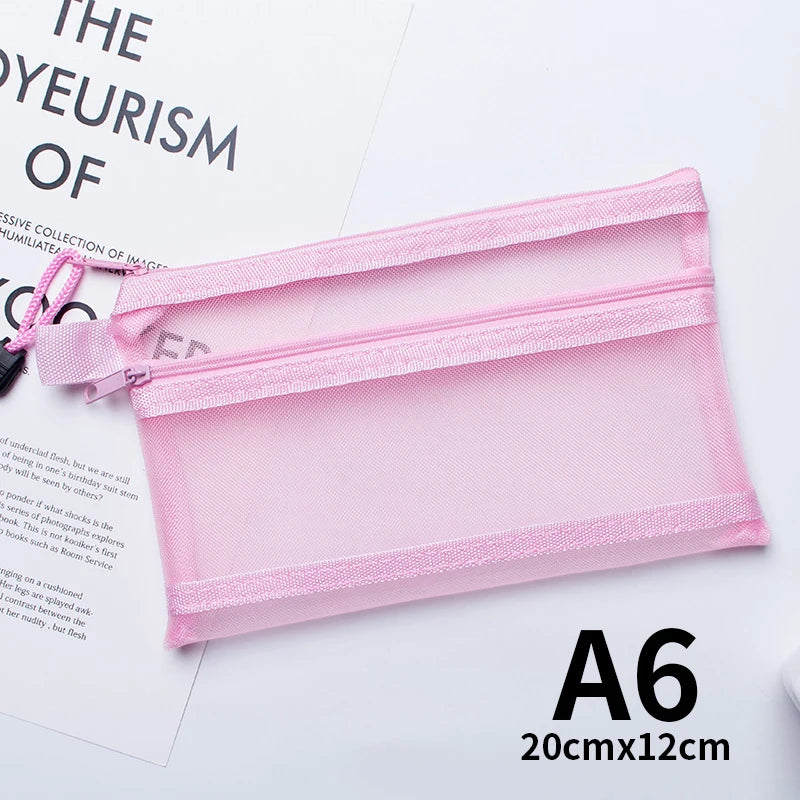 A4 A5 A6 Portable Double-layer Mesh Zipper File Bag Transparent  Student Test Paper Data Storage Bag Office Files Stationery