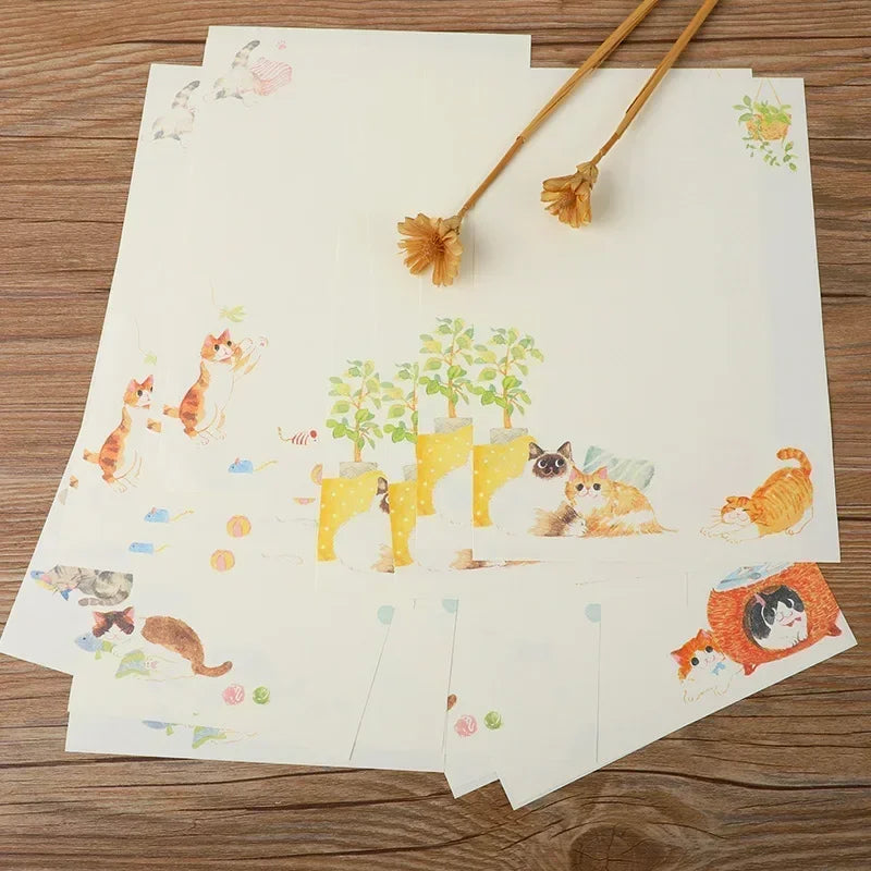 9pcs/set Cartoon Cats Envelopes with Letter Pads Cute Letter Writing Paper Wedding Invitation Cards Postcards Cover Stationery