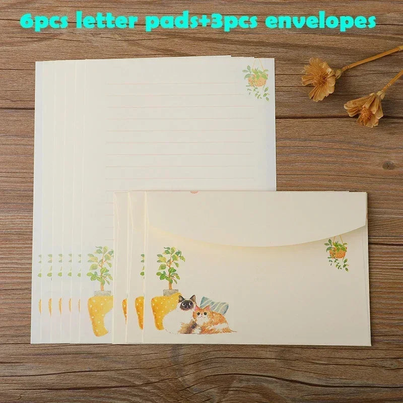 9pcs/set Cartoon Cats Envelopes with Letter Pads Cute Letter Writing Paper Wedding Invitation Cards Postcards Cover Stationery